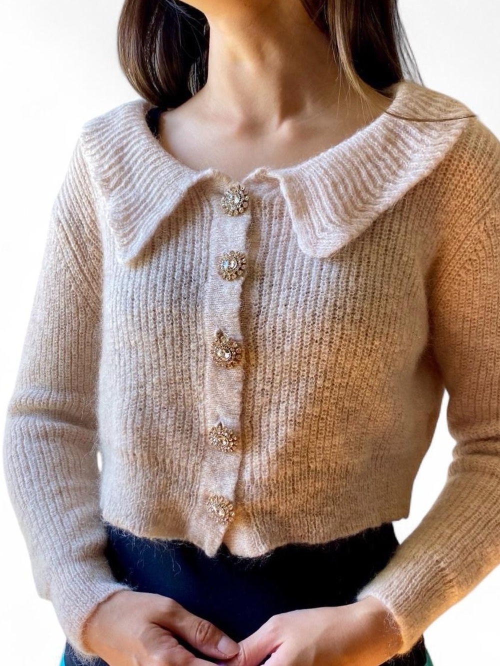 Cream Cropped Knit Cardigan with Jewelled Rhinestone Buttons Small